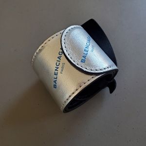 Balenciaga Allover Logo Leather Snap Cycle Bracelet Silver Blue NWT